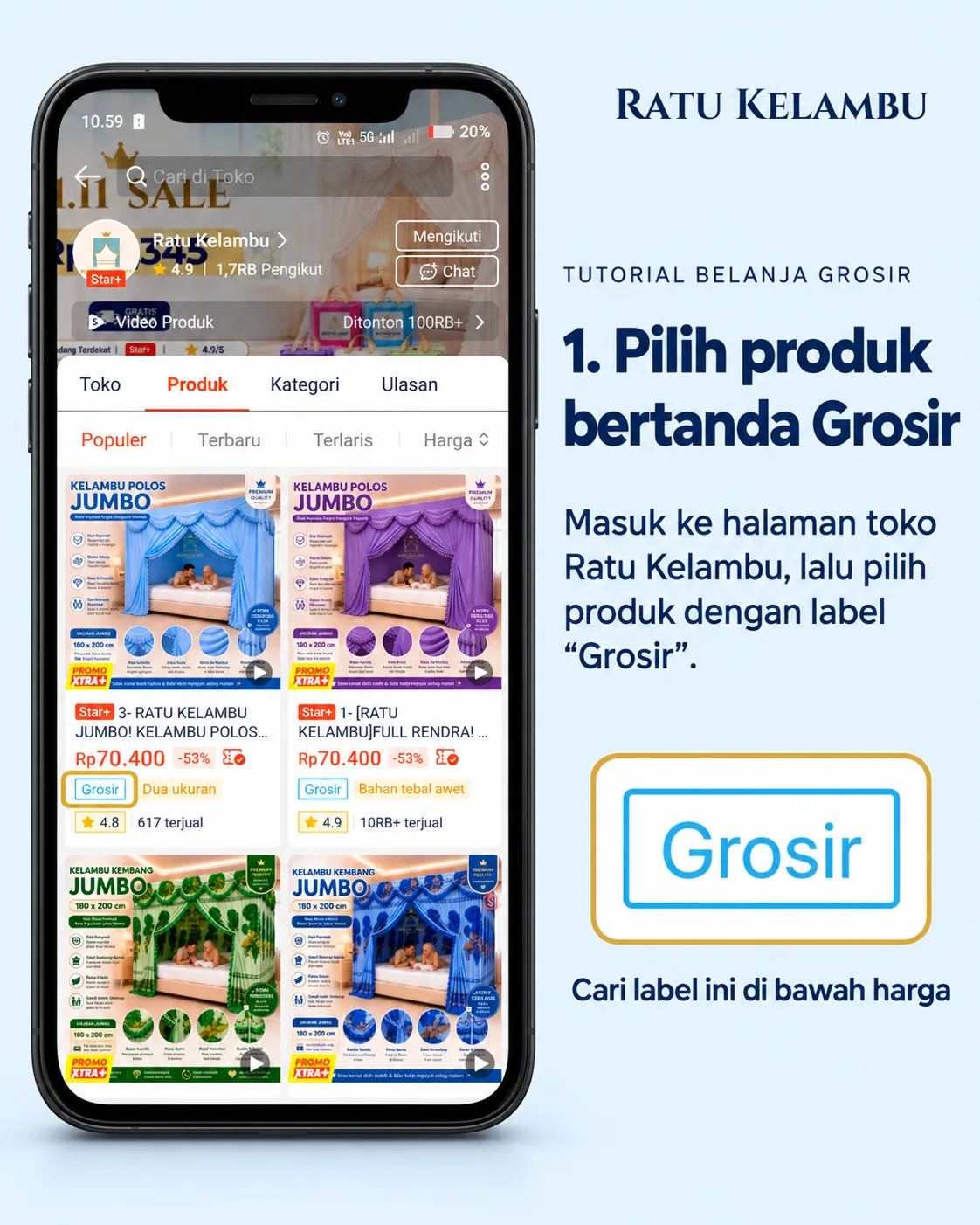 Tutorial lengkap langkah 1, Pilih produk bertanda Grosir.