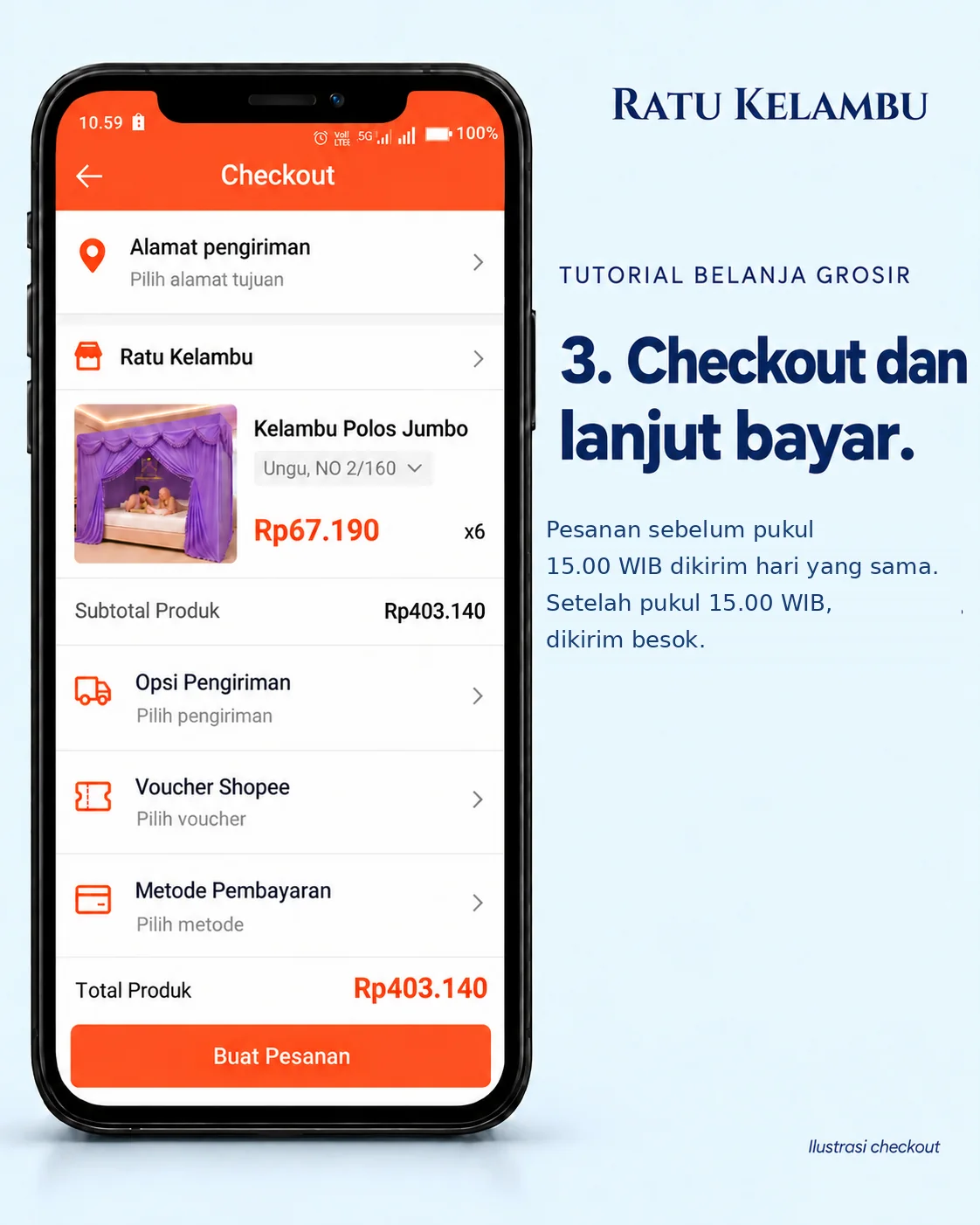 Tutorial lengkap langkah 3, Checkout dan lanjut bayar.